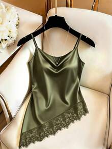 SHEIN Women's Elegant Sexy Contrast Lace Casual Satin Camisole Top Night Out Date Night Olive Green Summer - Olive Green - View 6