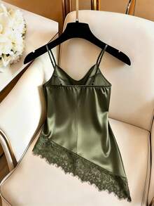 SHEIN Women's Elegant Sexy Contrast Lace Casual Satin Camisole Top Night Out Date Night Olive Green Summer - Olive Green - View 3