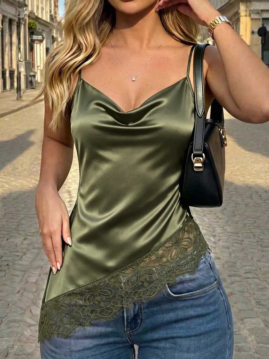 SHEIN Women's Elegant Sexy Contrast Lace Casual Satin Camisole Top Night Out Date Night Olive Green Summer