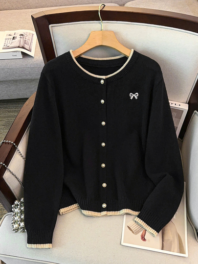GlowEve CURVE Women's Plus Size Minimalist Casual Elegant Fashion Daily Commute Knit Cardigan Sweater Round Neck Contrast Color Bow Embroidery Long Sleeve Black