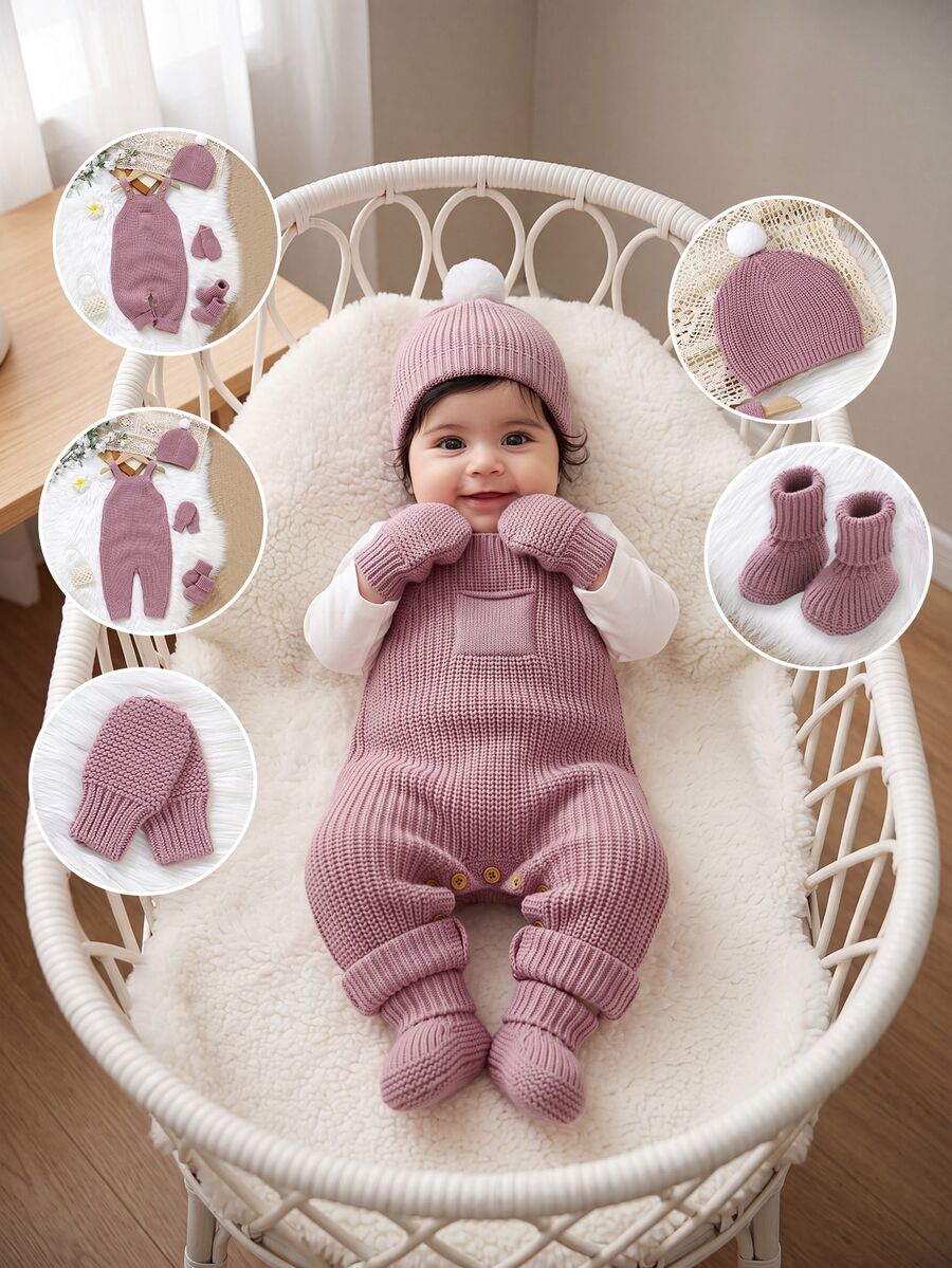 Baby Girl Ribbed Knit Jumpsuit & Hat Without Tee - Pink - View 1