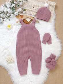女嬰羅紋針織連身褲與帽子套裝（不含T恤） - 粉色 - 查看 1