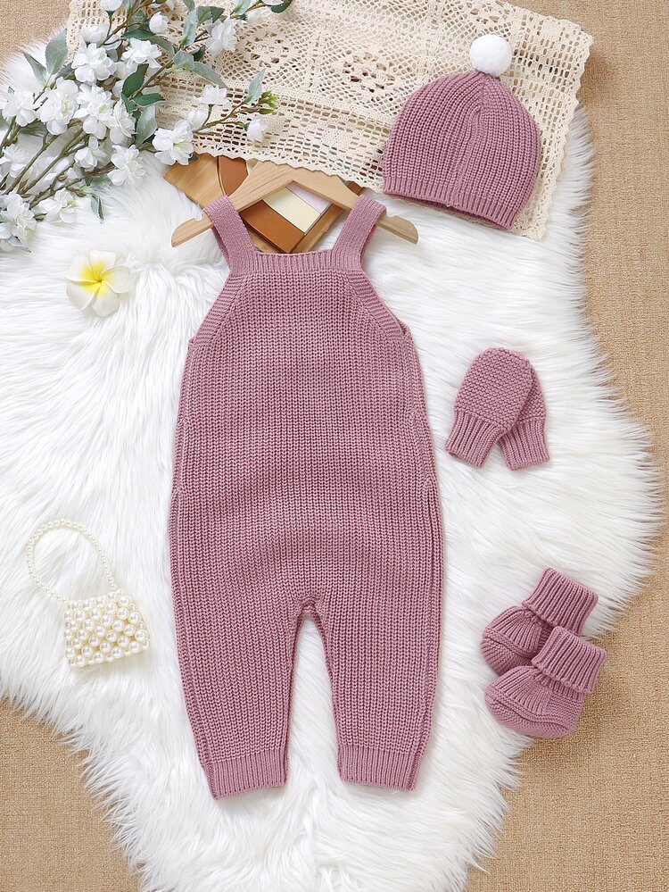 Baby Girl Ribbed Knit Jumpsuit & Hat Without Tee - Pink - View 1