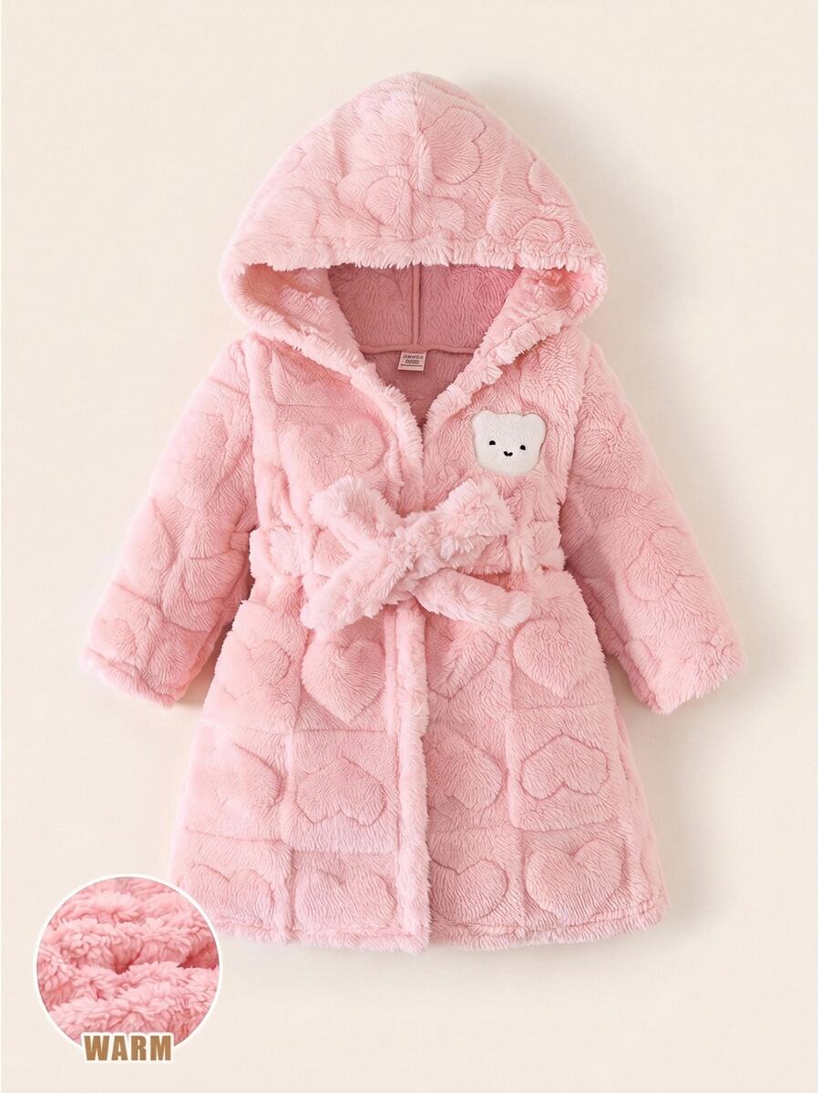 LMoss Kids 女嬰毛絨加厚連帽長袖前綁帶睡袍，加厚款，適合冬季，粉色，秋季 - 彩色 - 查看 1