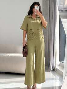 Rue Lumi Damen grünes gewebtes Kurzarm V-Ausschnitt Burnout elegantes Lässig Top und gerade geschnittene Hose 2 Stücke Set, Frühling/Sommer - Grün - Übersicht 9