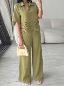 Rue Lumi Damen grünes gewebtes Kurzarm V-Ausschnitt Burnout elegantes Lässig Top und gerade geschnittene Hose 2 Stücke Set, Frühling/Sommer - Grün - Übersicht 4