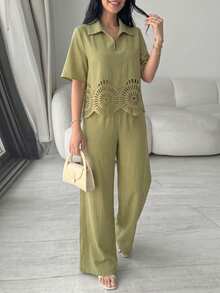 Rue Lumi Damen grünes gewebtes Kurzarm V-Ausschnitt Burnout elegantes Lässig Top und gerade geschnittene Hose 2 Stücke Set, Frühling/Sommer - Grün - Übersicht 8