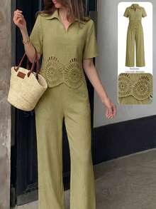 Rue Lumi Damen grünes gewebtes Kurzarm V-Ausschnitt Burnout elegantes Lässig Top und gerade geschnittene Hose 2 Stücke Set, Frühling/Sommer - Grün - Übersicht 5