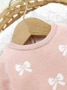 SHEIN 1件裝粉色連腳連身衣，圓領長袖新生兒可愛蝴蝶結提花針織毛衣連身衣，柔軟舒適嬰兒戶外連身褲，適合秋冬 - 粉色 - 查看 7