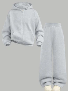 SHEIN 兒童青少年女孩休閒運動純色拉鍊連帽衛衣褲套裝 機場度假風 淺灰色 秋季 - 灰色 - 查看 2