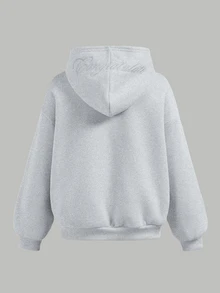 SHEIN 兒童青少年女孩休閒運動純色拉鍊連帽衛衣褲套裝 機場度假風 淺灰色 秋季 - 灰色 - 查看 6