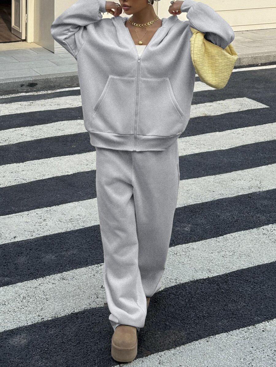 SHEIN 兒童青少年女孩休閒運動純色拉鍊連帽衛衣褲套裝 機場度假風 淺灰色 秋季 - 灰色 - 查看 1