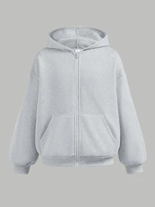 SHEIN 兒童青少年女孩休閒運動純色拉鍊連帽衛衣褲套裝 機場度假風 淺灰色 秋季 - 灰色 - 查看 5