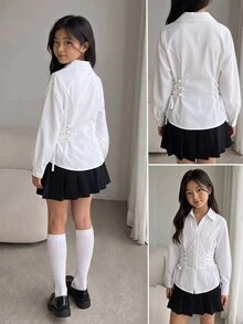 SHEIN 青少年女孩優雅長袖前綁帶白色襯衫，簡約百搭，適合通勤，優雅前綁帶上衣 - 白色 - 查看 10
