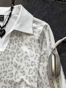 SHEIN 青少年女孩豹紋對比領 T-shirt - 灰色 - 查看 5