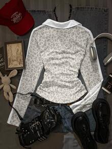 SHEIN 青少年女孩豹紋對比領 T-shirt - 灰色 - 查看 3