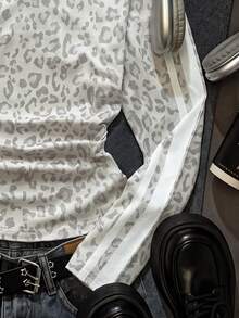 SHEIN 青少年女孩豹紋對比領 T-shirt - 灰色 - 查看 6