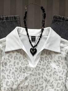 SHEIN 青少年女孩豹紋對比領 T-shirt - 灰色 - 查看 4