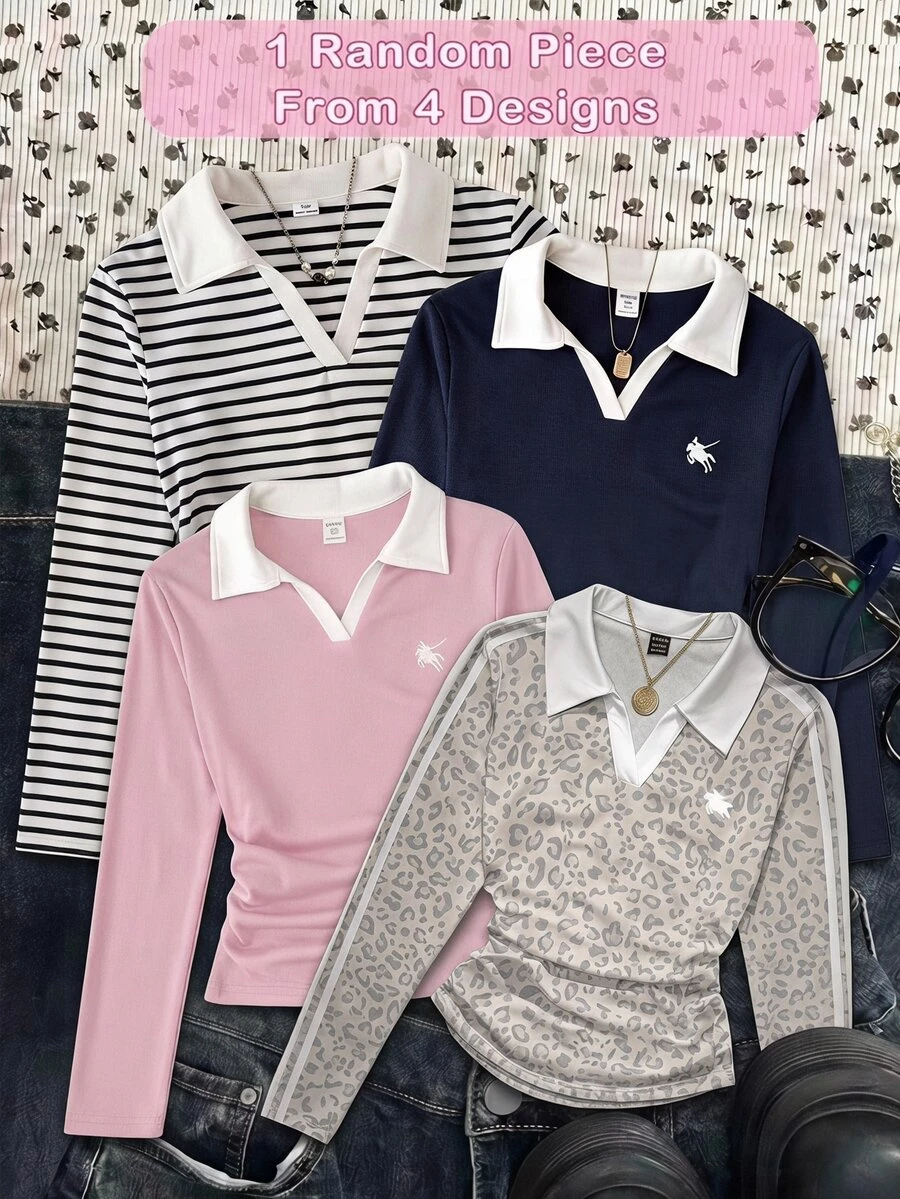 SHEIN 青少年女孩豹紋對比領 T-shirt - 灰色 - 查看 1