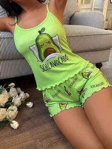 SHEIN 女款字母卡通印花細肩帶上衣與短褲休閒可愛居家睡衣套裝 萊姆綠 夏季 - 彩色 - 查看 5