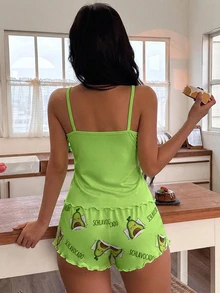 SHEIN 女款字母卡通印花細肩帶上衣與短褲休閒可愛居家睡衣套裝 萊姆綠 夏季 - 彩色 - 查看 2