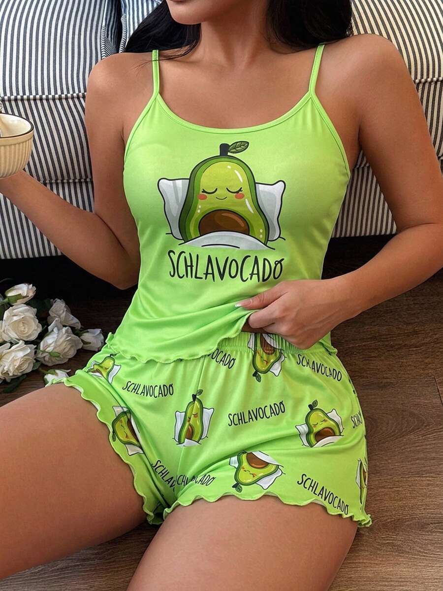 SHEIN 女款字母卡通印花細肩帶上衣與短褲休閒可愛居家睡衣套裝 萊姆綠 夏季 - 彩色 - 查看 1