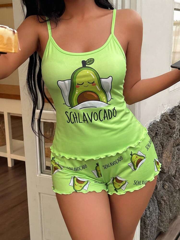 SHEIN Women's Letter Cartoon Print Camisole Top And Shorts Casual Cute Daily Home Sleepwear Set Sleep Lime Green Summer - Multicolor - View 4