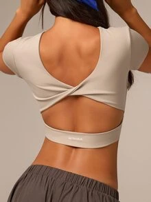 Athîral Áo thun thể thao nữ Activina tay ngắn thiết kế xoắn hở lưng, phong cách athleisure Ralphlauren Old Money, mặc chạy bộ tập gym, màu trắng, mùa hè, mọi mùa - Màu Khaki - Xem 8