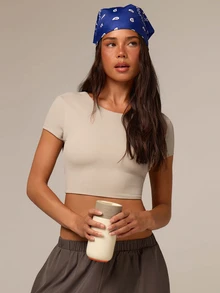 Athîral Áo thun thể thao nữ Activina tay ngắn thiết kế xoắn hở lưng, phong cách athleisure Ralphlauren Old Money, mặc chạy bộ tập gym, màu trắng, mùa hè, mọi mùa - Màu Khaki - Xem 4