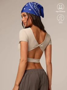 Athîral Áo thun thể thao nữ Activina tay ngắn thiết kế xoắn hở lưng, phong cách athleisure Ralphlauren Old Money, mặc chạy bộ tập gym, màu trắng, mùa hè, mọi mùa - Màu Khaki - Xem 9