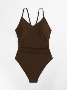 SHEIN Swim 夏季沙灘女士開背連身泳裝，游泳衣 - 咖啡棕 - 查看 4