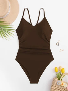 SHEIN Swim 夏季沙灘女士開背連身泳裝，游泳衣 - 咖啡棕 - 查看 8