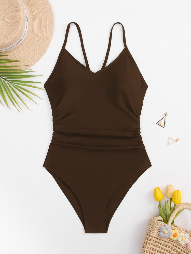 SHEIN Swim Summer Beach Women's Cut Out Back One-Piece Swimsuit Bathing Suit - Coffee Brown - View 7