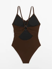 SHEIN Swim 夏季沙灘女士開背連身泳裝，游泳衣 - 咖啡棕 - 查看 5