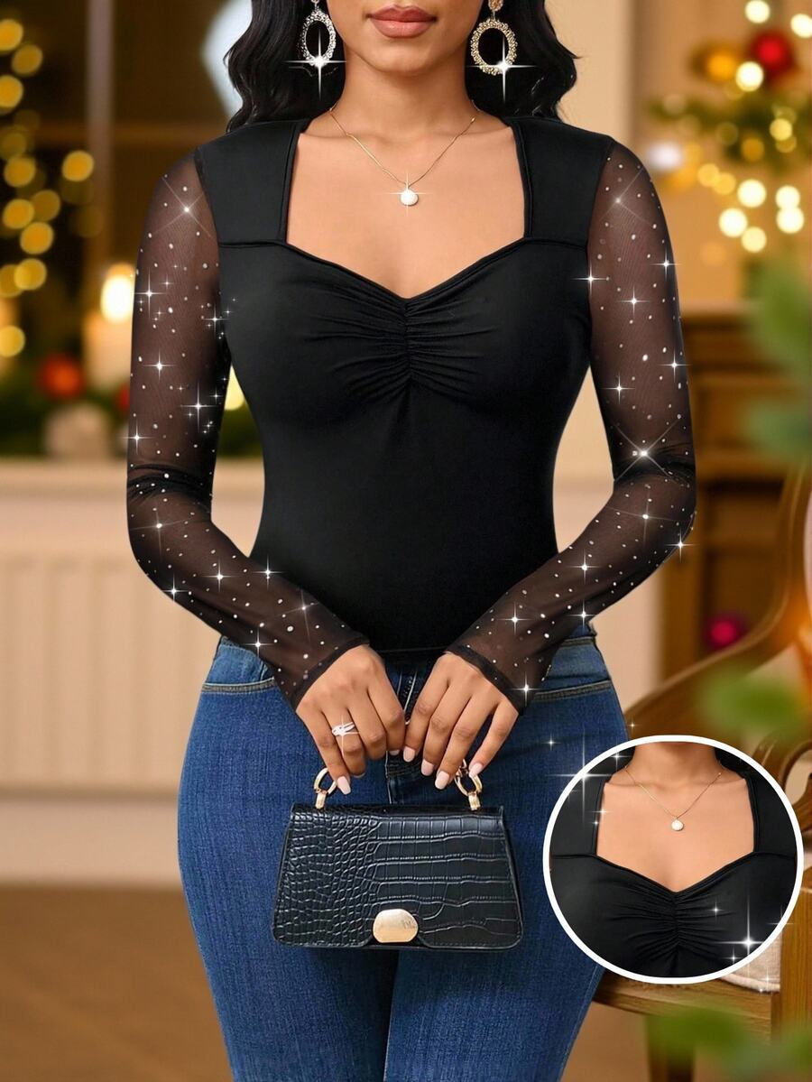 SHEIN Lady Plus Size French Fashion Sequin Pleated Long Sleeve T-Shirt Streetwear Elegant Sexy Night Dinner Party Evening Formal Vacation Black Autumn Fall - Black - View 1
