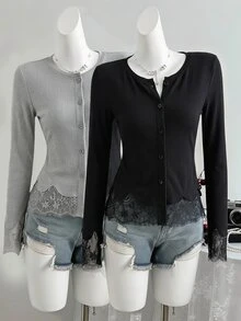 SHEIN Sparklyn 青少年女孩時尚休閒優雅可愛街頭風混色條紋蕾絲飾邊長袖T恤秋季 - 黑色 - 查看 3