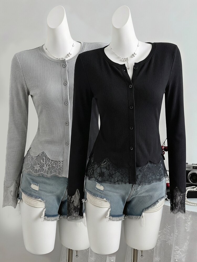 SHEIN Sparklyn تي شيرت أكمام طويلة للفتيات المراهقات بتصميم عصري كاجوال أنيق لطيف بأسلوب الشارع مع خطوط مختلطة وحافة دانتيل لفصل الخريف - الأسود - مشاهدة 1