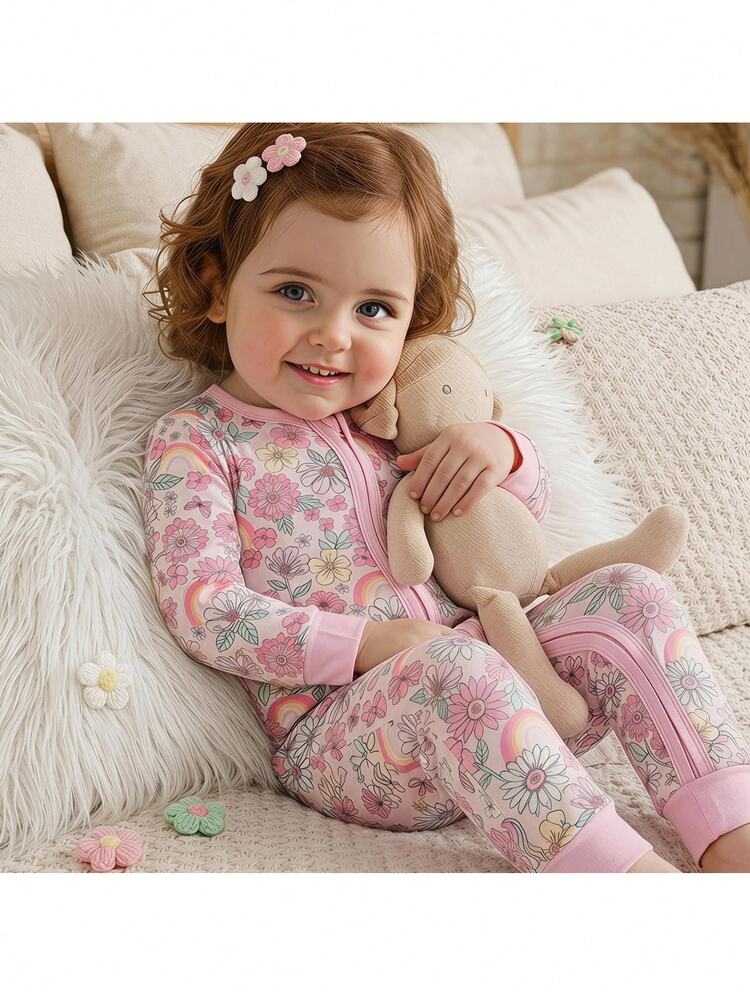 Loomiva Baby Girls Plant & Floral Pattern Knit Soft Round Neck Long Sleeve Zip-Up Autumn Winter Romper, Versatile & Comfortable - Multicolor - View 1