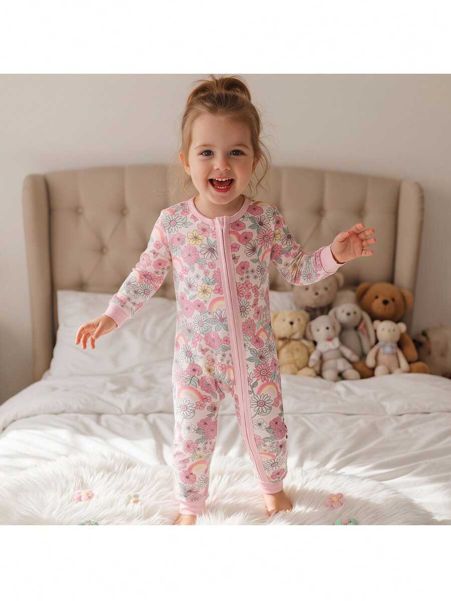 Loomiva Baby Girls Plant & Floral Pattern Knit Soft Round Neck Long Sleeve Zip-Up Autumn Winter Romper, Versatile & Comfortable - Multicolor - View 1