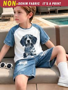 1 SET Boys Fashionable Cute Puppy Print Casual Crew Neck Short Sleeve T-Shirt And Shorts, Simple, Versatile, Suitable For Daily Wear, Fashionable And Handsome Casual Style - Multicolor - View 4