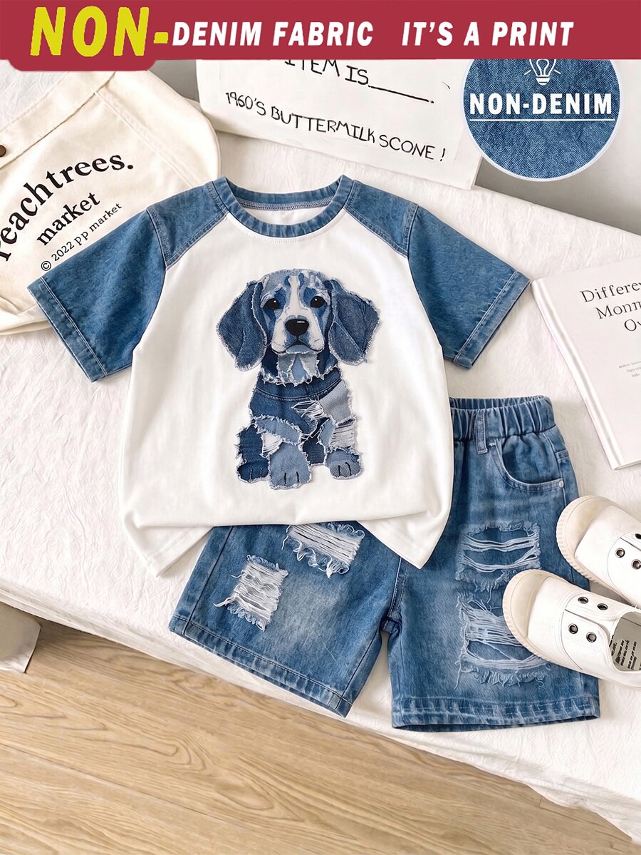 1 SET Boys Fashionable Cute Puppy Print Casual Crew Neck Short Sleeve T-Shirt And Shorts, Simple, Versatile, Suitable For Daily Wear, Fashionable And Handsome Casual Style