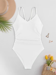 Swim Basics Summer Beach Women's Solid Color Ruched Halter One-Piece Swimsuit - White - View 5