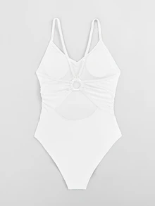 Swim Basics Summer Beach Women's Solid Color Ruched Halter One-Piece Swimsuit - White - View 6