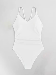 Swim Basics Summer Beach Women's Solid Color Ruched Halter One-Piece Swimsuit - White - View 9