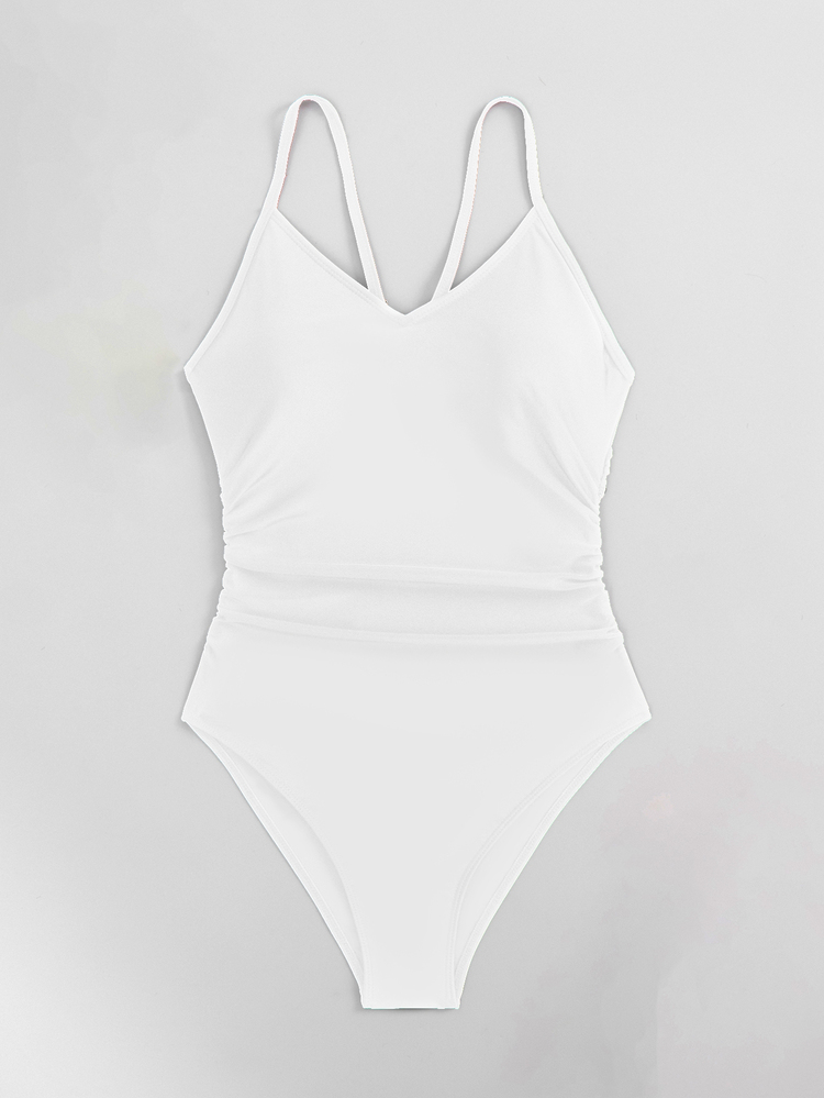 Swim Basics Summer Beach Women's Solid Color Ruched Halter One-Piece Swimsuit - White - View 8