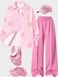 SHEIN 3pcs Set Black Floral Long Sleeve Striped Digital Print Shirt, Black Long Pants, Camisole, Suitable For Spring And Summer Outings - Pink - View 3