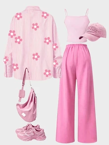 SHEIN 3pcs Set Black Floral Long Sleeve Striped Digital Print Shirt, Black Long Pants, Camisole, Suitable For Spring And Summer Outings - Pink - View 2