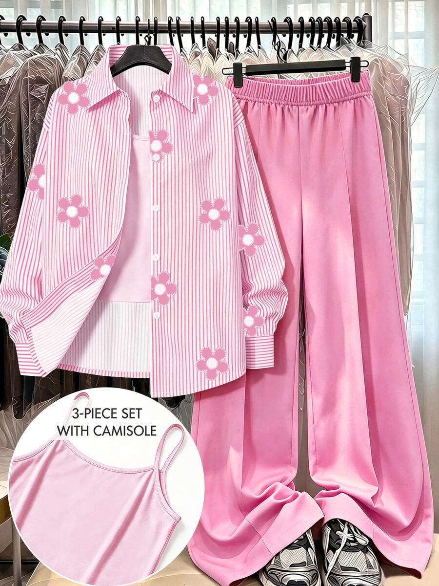 SHEIN 3pcs Set Black Floral Long Sleeve Striped Digital Print Shirt, Black Long Pants, Camisole, Suitable For Spring And Summer Outings - Pink - View 1