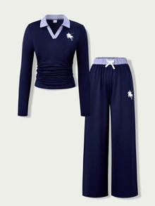 SHEIN Casuvi Kids 青少年女孩 2 件套，針織修身 T 恤套裝，海軍藍 Polo 領套頭衫搭配寬腿褲，馬匹圖案，返校秋季 - 藏蓝色 - 查看 6