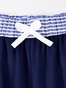 SHEIN Casuvi Kids 青少年女孩 2 件套，針織修身 T 恤套裝，海軍藍 Polo 領套頭衫搭配寬腿褲，馬匹圖案，返校秋季 - 藏蓝色 - 查看 7